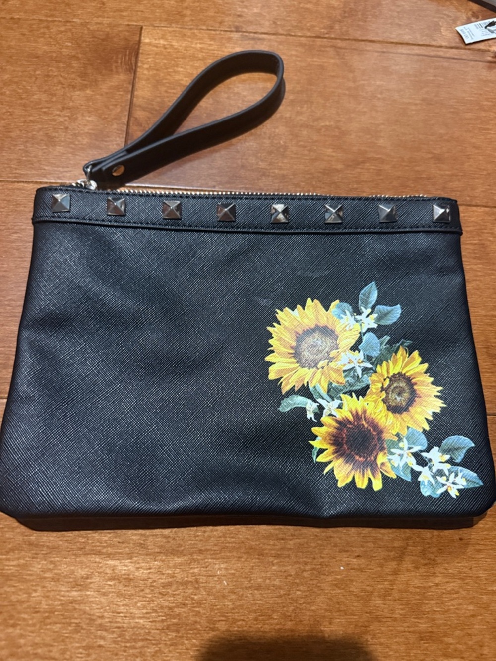 White House Black Market Black Wristlet Clutch with Sunflower Print